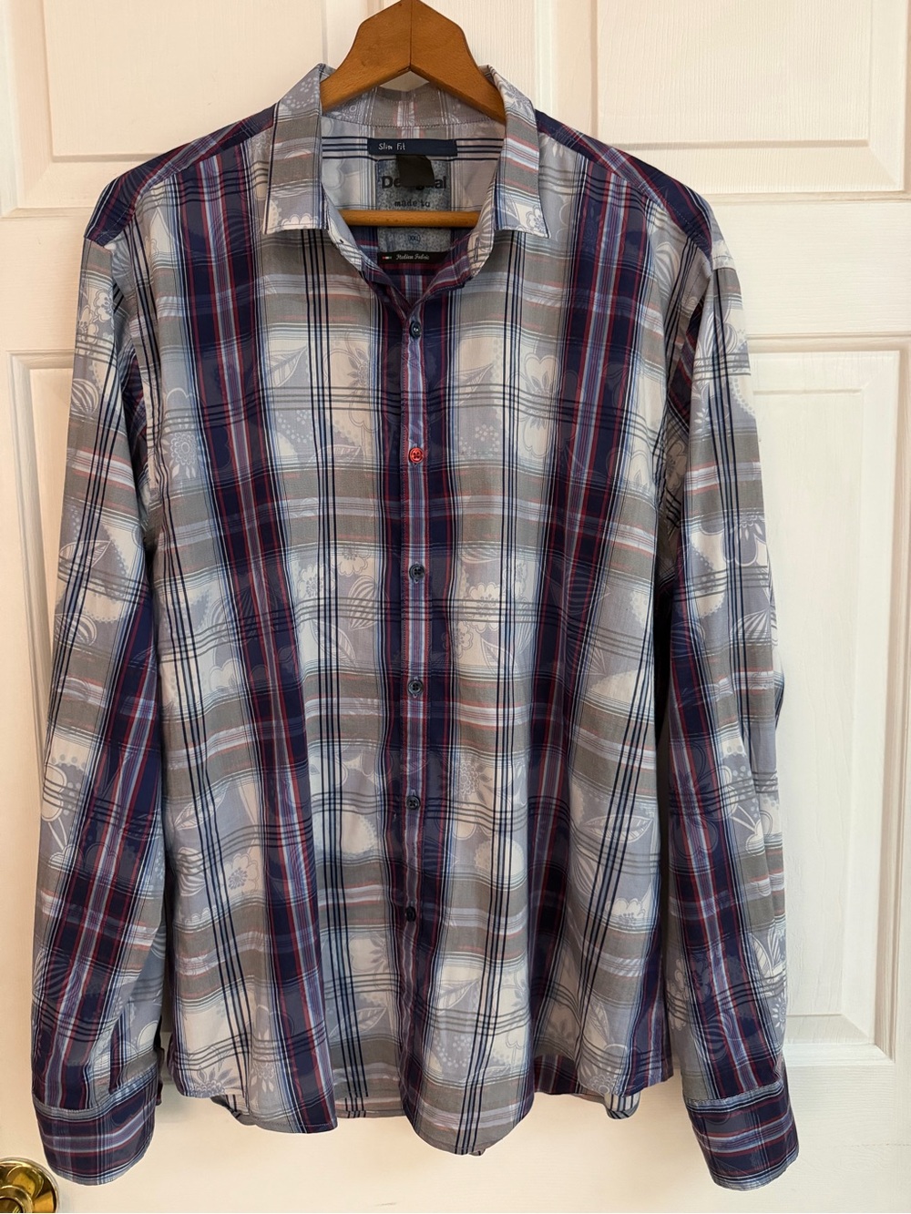 Desigual Men's Plaid Button-Up Shirt in Blue, Gray & Red